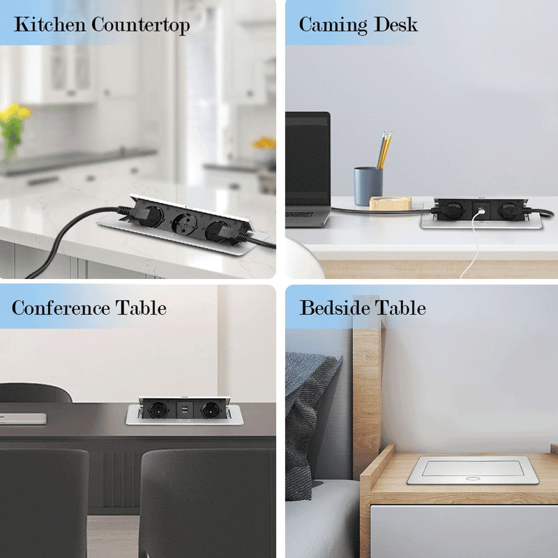 Versenkbare Tischsteckdose 2 - fach mit 2x USB | Pop - Up Einbausteckdose Aluminium | 223x110mm Lochmaß