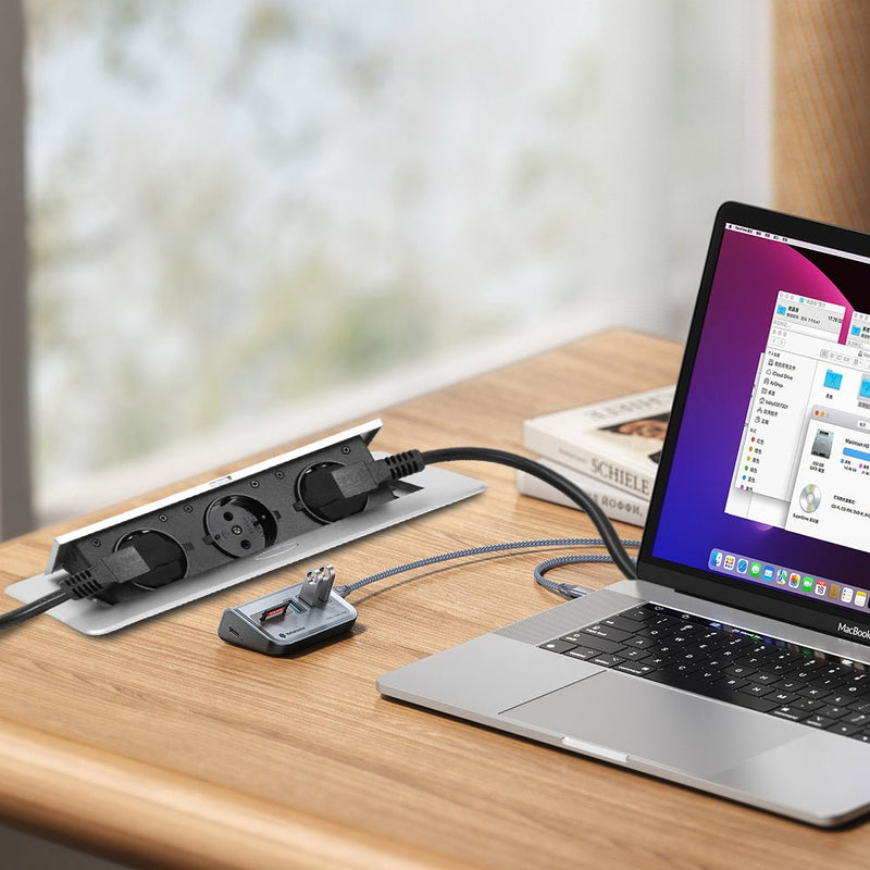 Versenkbare Tischsteckdose 2 - fach mit 2x USB | Pop - Up Einbausteckdose Aluminium | 223x110mm Lochmaß