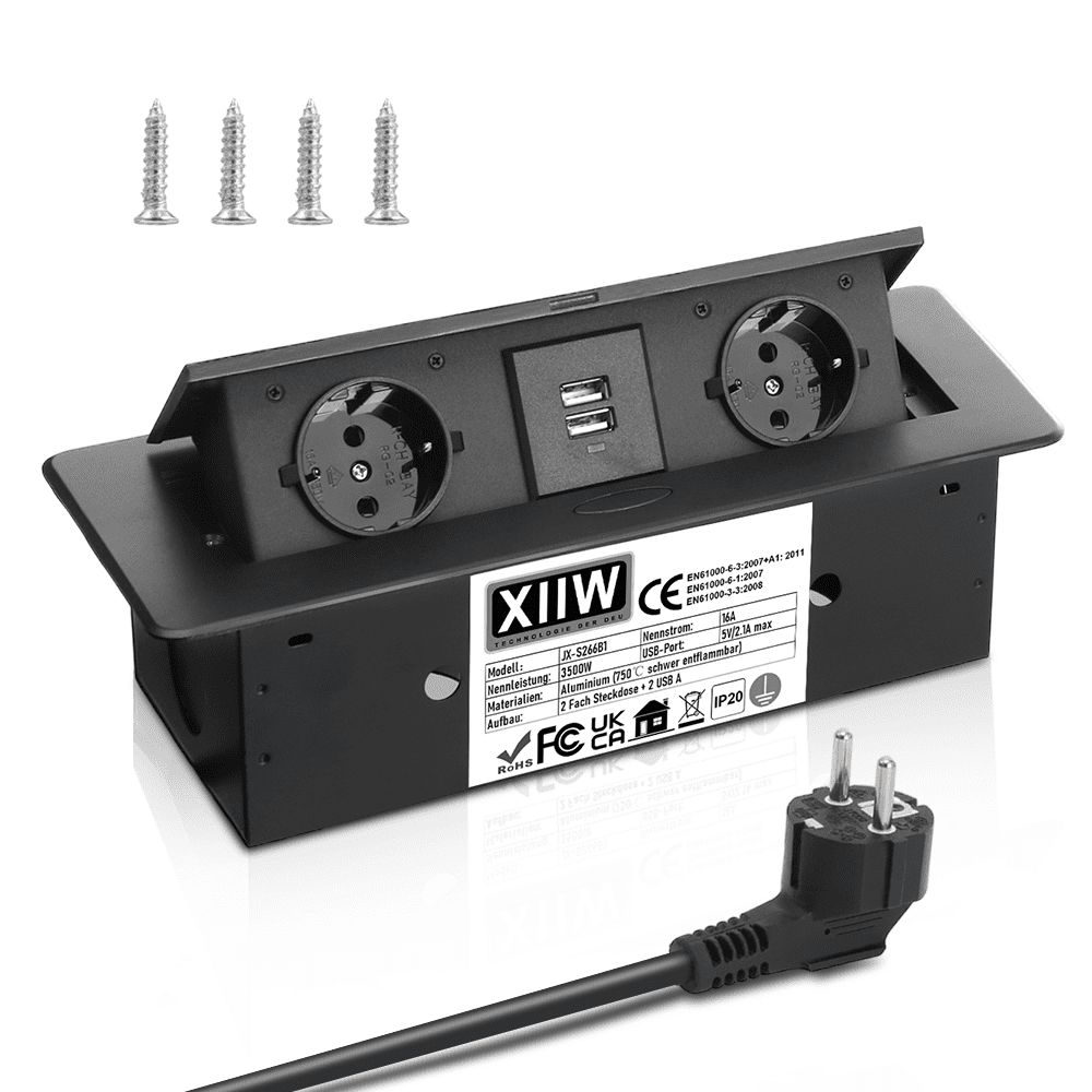 Recessable desk power socket, 2-way with 2x USB | Pop-up flush-mount socket, aluminum | 223x110mm cutout size