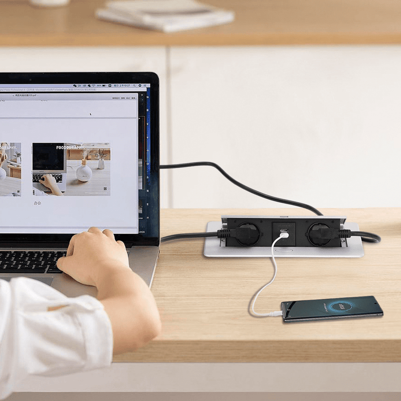 Versenkbare Tischsteckdose 2 - fach mit 2x USB | Pop - Up Einbausteckdose Aluminium | 223x110mm Lochmaß