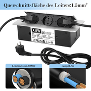 Versenkbare Tischsteckdose 2 - fach mit 2x USB | Pop - Up Einbausteckdose Aluminium | 223x110mm Lochmaß