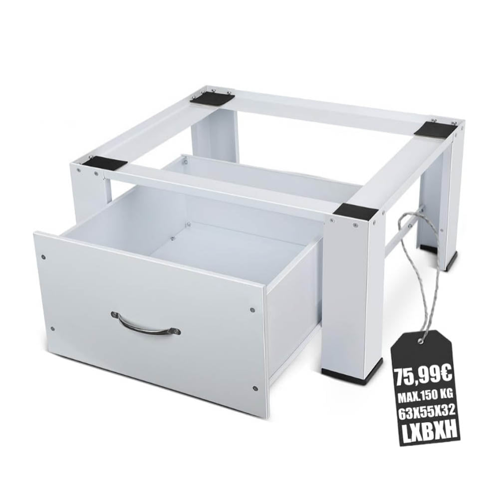 Socle pour machine à laver avec tiroirs, support pour machine à laver 63 x 54.5 x 32 cm jusqu’à 150kg