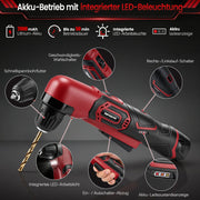 XIIW 12V Akku-Winkelbohrmaschine 90°, 18 Nm, 10 mm Schnellspannfutter, 2-Gang Winkelbohrer mit 2,0Ah Akku & LED