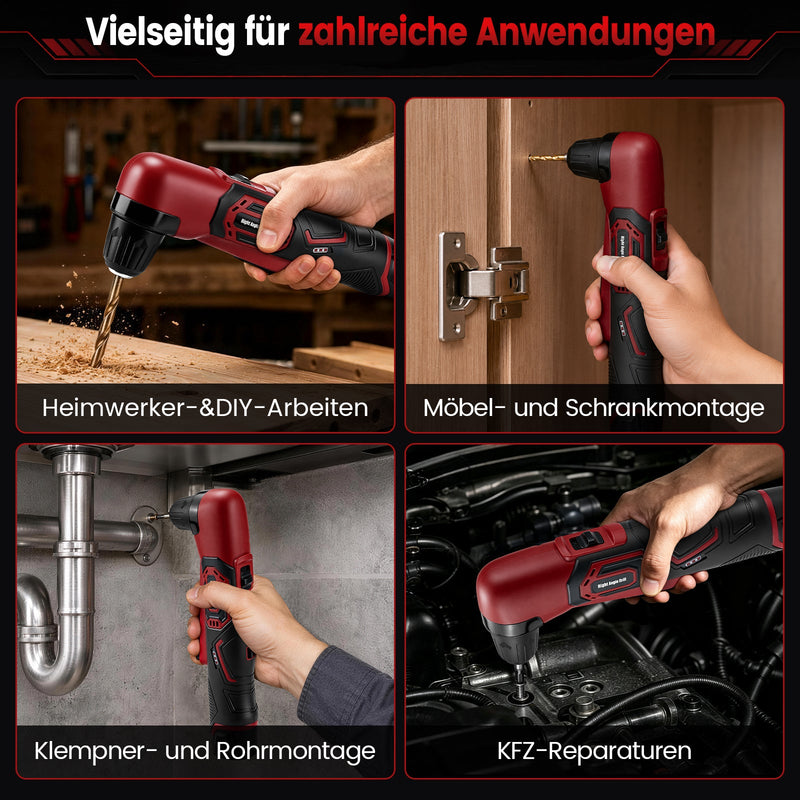 XIIW 12V Akku-Winkelbohrmaschine 90°, 18 Nm, 10 mm Schnellspannfutter, 2-Gang Winkelbohrer mit 2,0Ah Akku & LED