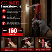 XIIW 12V Akku-Winkelbohrmaschine 90°, 18 Nm, 10 mm Schnellspannfutter, 2-Gang Winkelbohrer mit 2,0Ah Akku & LED