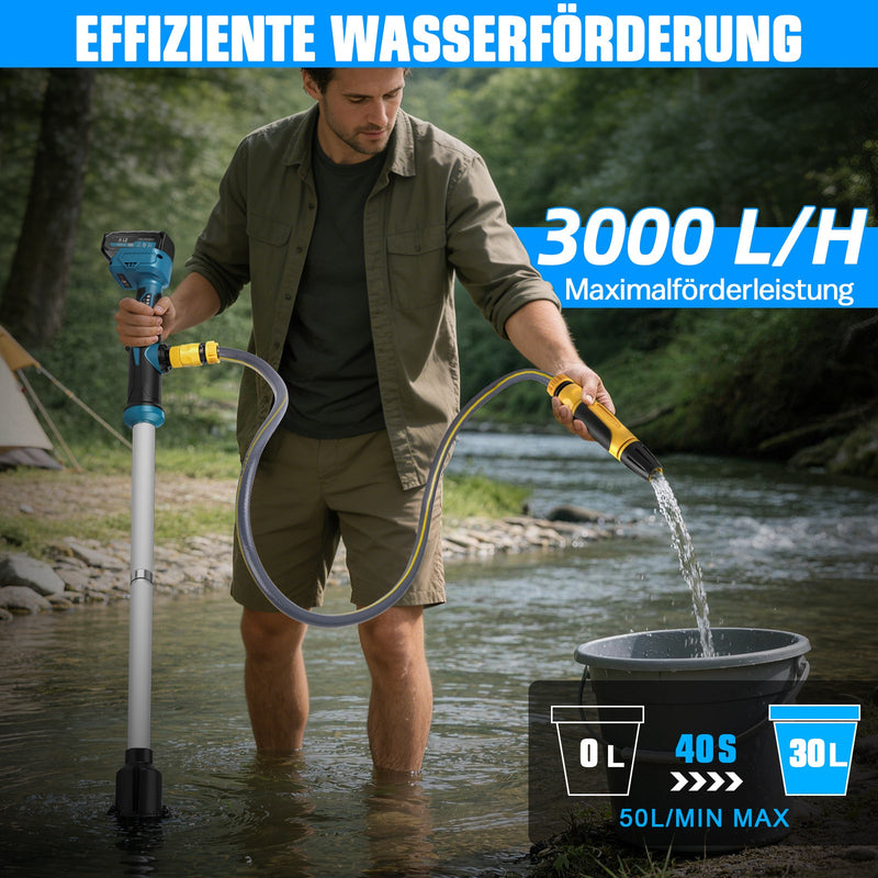 XIIW 18V Akku - Stabpumpe 3000L/h | Universelle Wasserpumpe für 18V Akkusysteme | Tauchpumpe inkl. 2x 2.0Ah Akku & 3/4" Anschluss