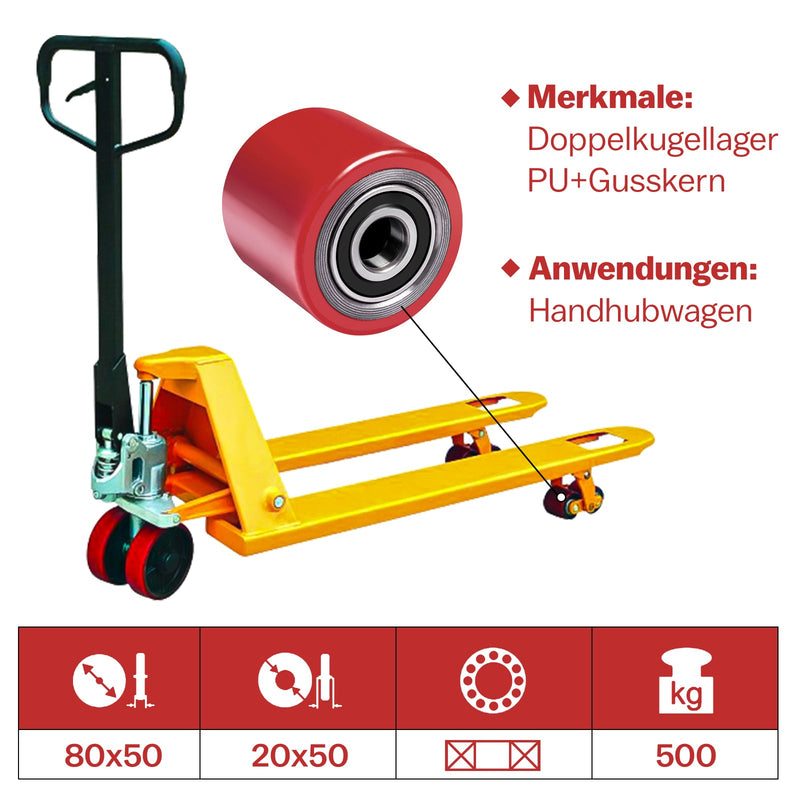XIIW 2x PU Hubwagenrollen 80x50 mm Rot, Achse 20 mm, Ersatzrollen für Handhubwagen, bis 500 kg pro Rolle