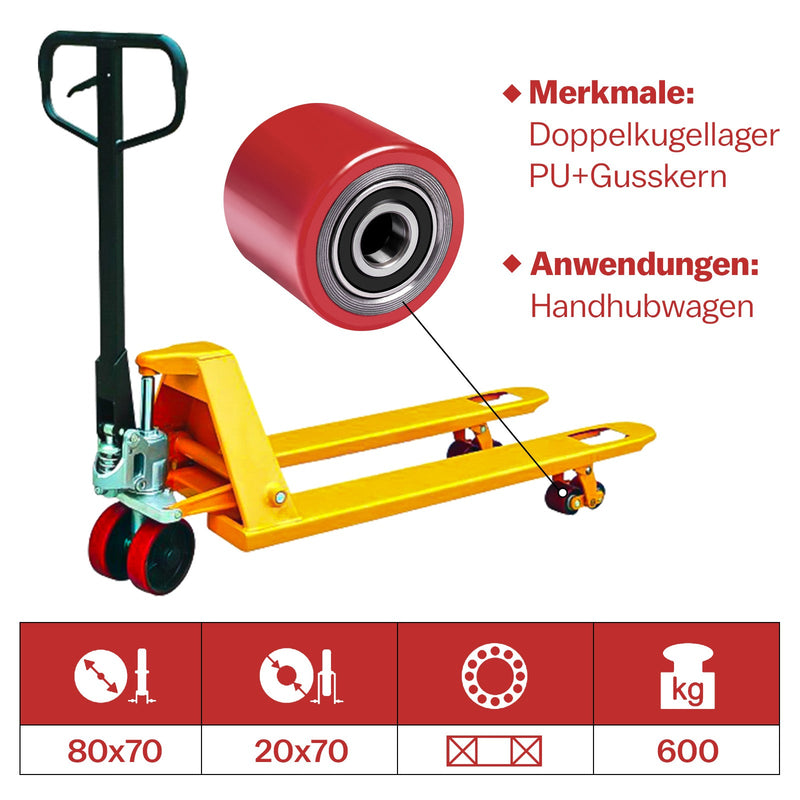 XIIW 2x PU Hubwagenrollen 80x70 mm Rot, Achse 20 mm, Ersatzrollen für Handhubwagen, bis 600 kg pro Rolle