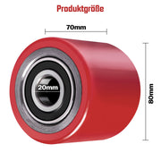 XIIW 2x PU Hubwagenrollen 80x70 mm Rot, Achse 20 mm, Ersatzrollen für Handhubwagen, bis 600 kg pro Rolle