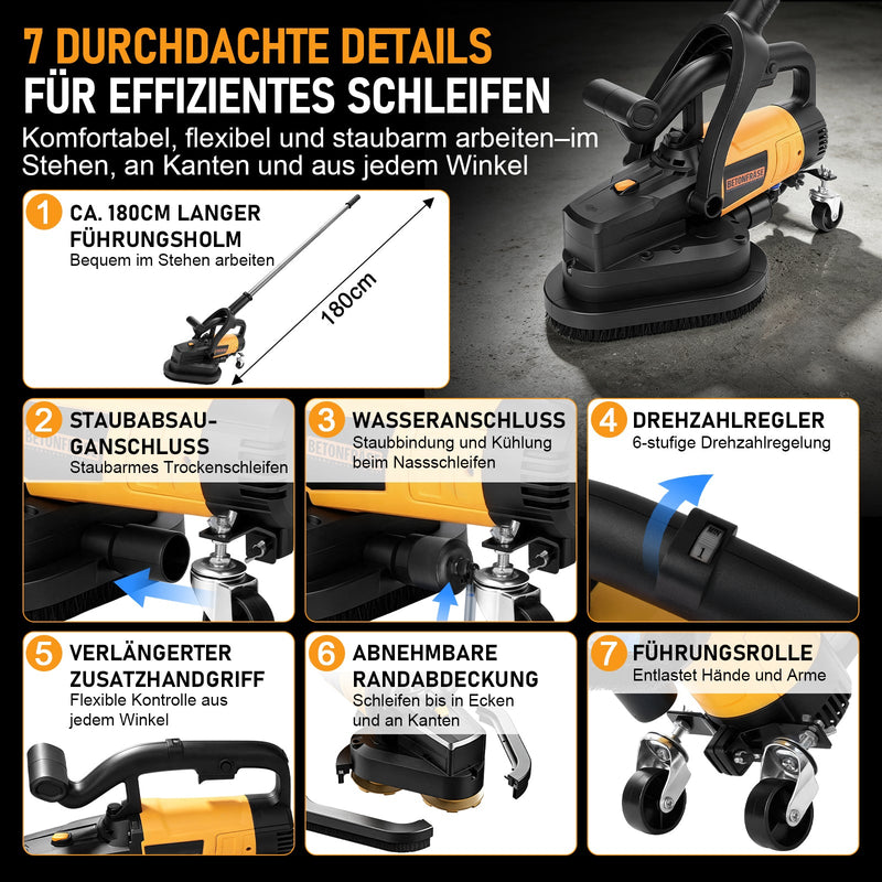 XIIW levigatrice per cemento 3800W a 3 dischi, Ø105 mm, 6 livelli, a umido/secco, aspirazione della polvere, impugnatura lunga