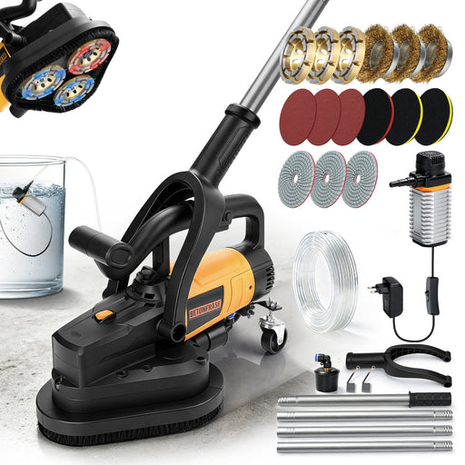XIIW 3800W Concrete Grinder 3-disc, Ø105 mm, 6 levels, wet/dry, dust extraction, long handle