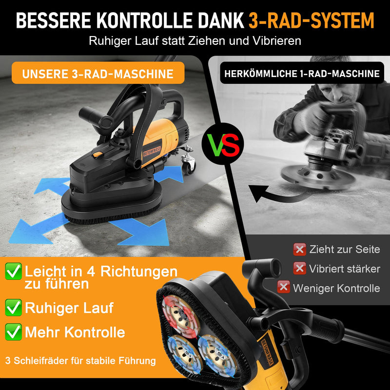 XIIW levigatrice per cemento 3800W a 3 dischi, Ø105 mm, 6 livelli, a umido/secco, aspirazione della polvere, impugnatura lunga