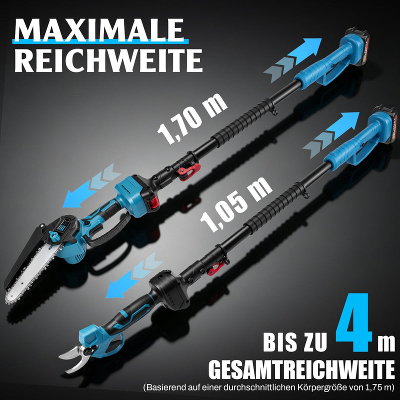 XIIW Set 4 in 1 di potatore a batteria e cesoie da giardino 600W brushless – mini motosega con asta telescopica, 2 batterie, set attrezzi per potatura