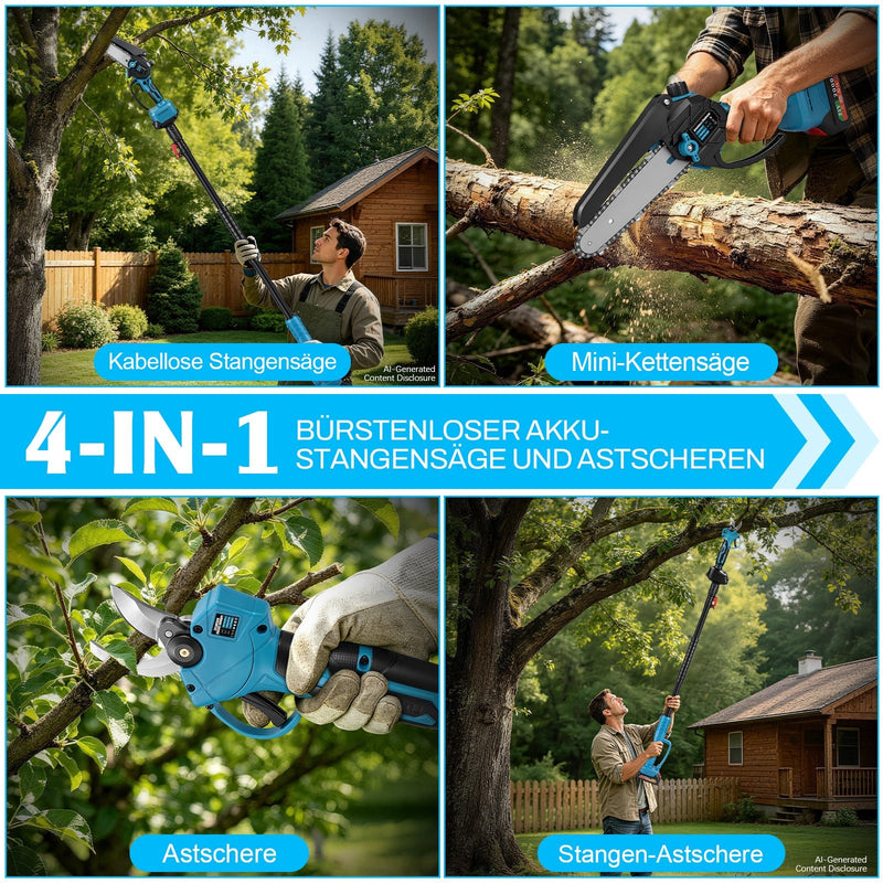 XIIW set 4 in 1 di svettatoio e cesoia da giardino a batteria 600W brushless – mini motosega con asta telescopica, 2 batterie, set per potatura alberi