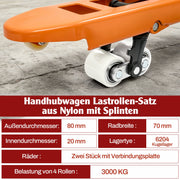 XIIW 4x ruedas de nylon para transpaleta 80x70 mm, ruedas de carga con rodamiento de bolas 6204 de 20 mm, ruedas de repuesto para transpaletas manuales hasta 3000 kg