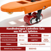 XIIW 4 ruedas de poliuretano para transpaleta 80x70 mm, ruedas de carga con rodamiento de bolas 6204 de 20 mm, juego de repuesto para transpaletas manuales hasta 3000 kg