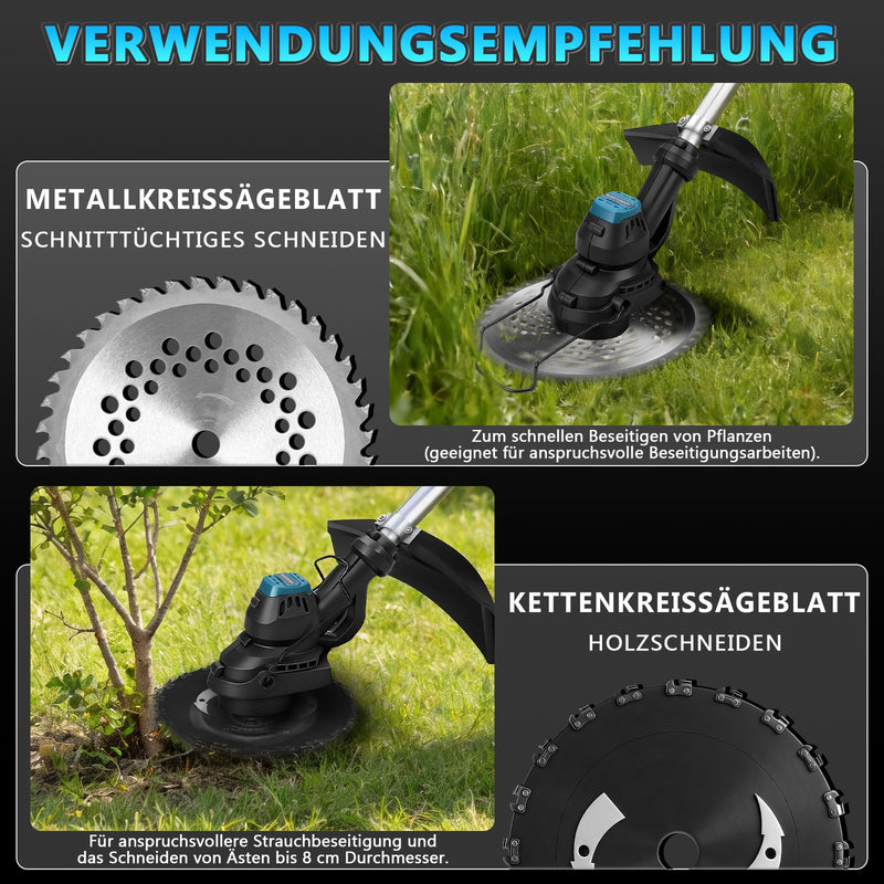 XIIW 980W Akku Rasentrimmer Bürstenlos 18V mit 2 Akkus, Unkrautbürste & Sägeblatt, Freischneider kompatibe