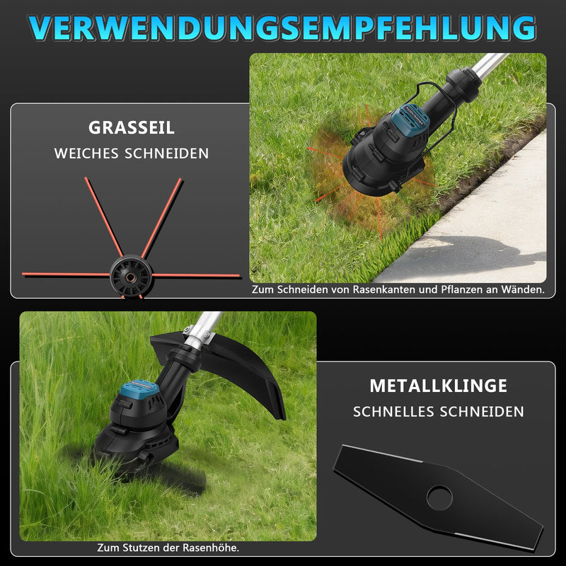 XIIW 980W Akku Rasentrimmer Bürstenlos 18V mit 2 Akkus, Unkrautbürste & Sägeblatt, Freischneider kompatibe