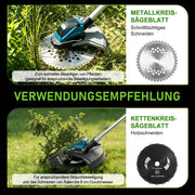XIIW batteridrevet buskrydder 1200 W, 16800 o/min, 2 x 4,0 Ah batterier, 3 ukrudtsbørster, metalkniv og rundsavklinge