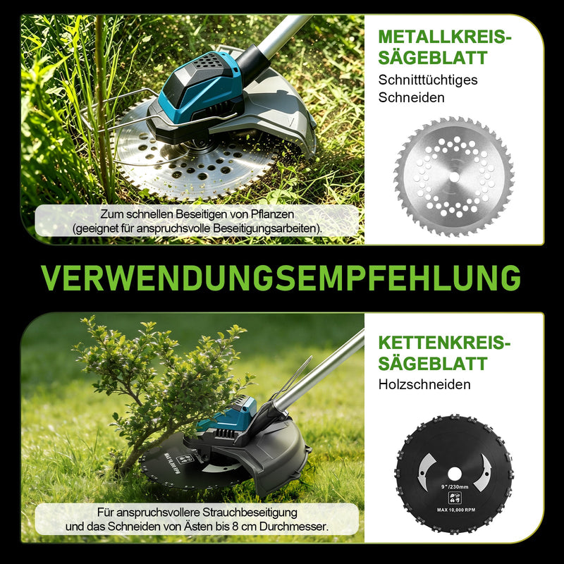 XIIW batteridrevet buskrydder 1200 W, 16800 o/min, 2 x 4,0 Ah batterier, 3 ukrudtsbørster, metalkniv og rundsavklinge