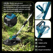 XIIW batteridrevet buskrydder 1200 W, 16800 o/min, 2 x 4,0 Ah batterier, 3 ukrudtsbørster, metalkniv og rundsavklinge
