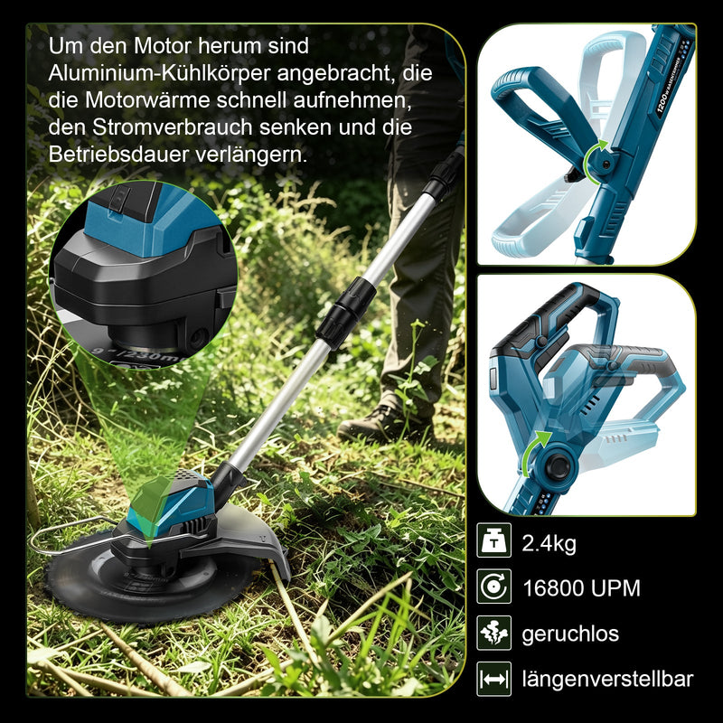 XIIW batteridrevet buskrydder 1200 W, 16800 o/min, 2 x 4,0 Ah batterier, 3 ukrudtsbørster, metalkniv og rundsavklinge