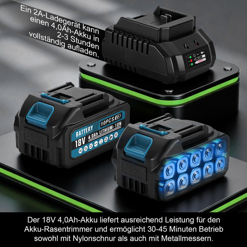 XIIW batteridrevet buskrydder 1200 W, 16800 o/min, 2 x 4,0 Ah batterier, 3 ukrudtsbørster, metalkniv og rundsavklinge