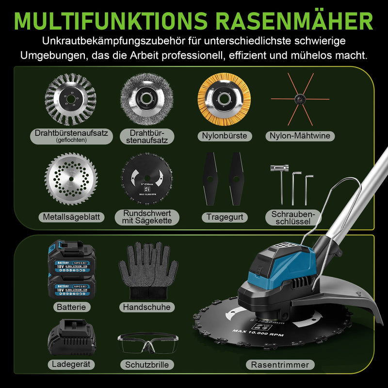XIIW batteridrevet buskrydder 1200 W, 16800 o/min, 2 x 4,0 Ah batterier, 3 ukrudtsbørster, metalkniv og rundsavklinge