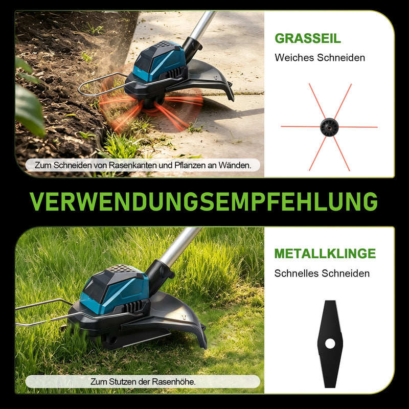 XIIW batteridrevet buskrydder 1200 W, 16800 o/min, 2 x 4,0 Ah batterier, 3 ukrudtsbørster, metalkniv og rundsavklinge