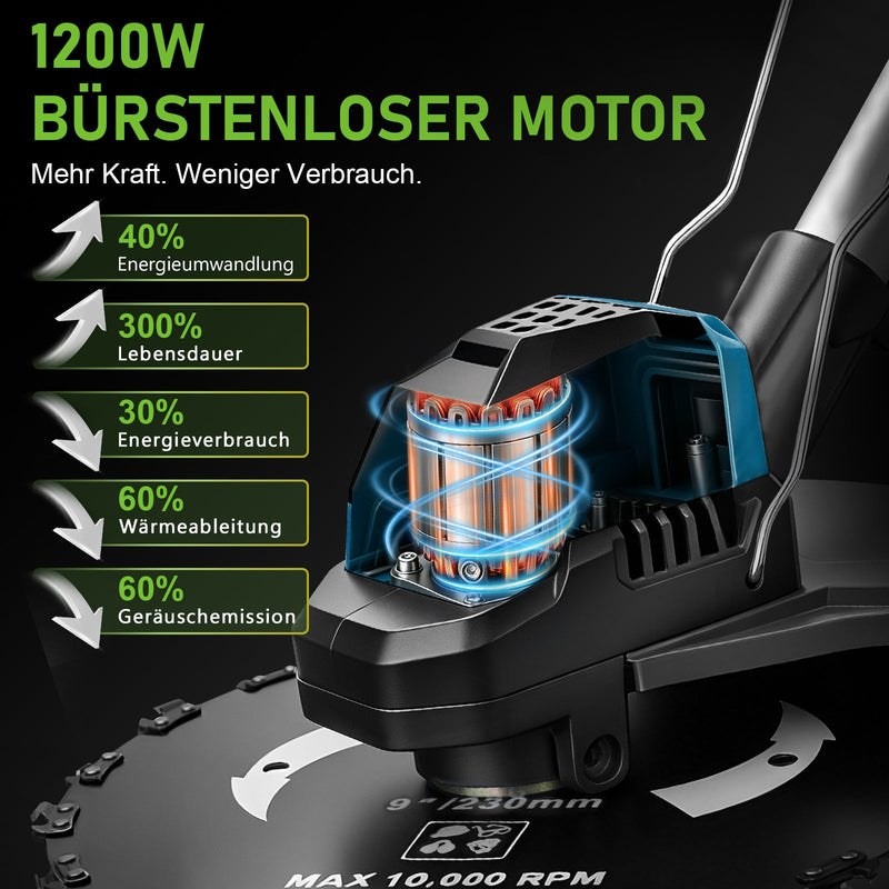 XIIW batteridrevet buskrydder 1200 W, 16800 o/min, 2 x 4,0 Ah batterier, 3 ukrudtsbørster, metalkniv og rundsavklinge