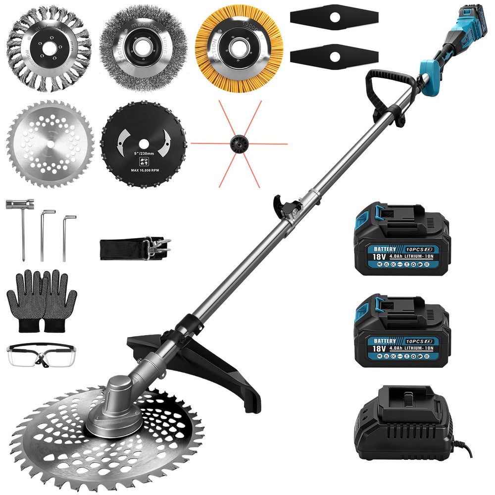 XIIW Akku-ryddesaks 1380 W, 18800 o/min, 2 × 4,0 Ah batterier, 3 ukrudtsbørster, metalkniv og rundsavklinge