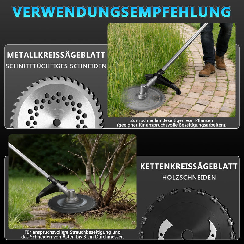 XIIW Akku Freischneider 1380 W, 18800 U/min, 2 × 4,0 Ah Akkus, 3 Unkrautbürsten, Metallmesser und Kreissägeblatt