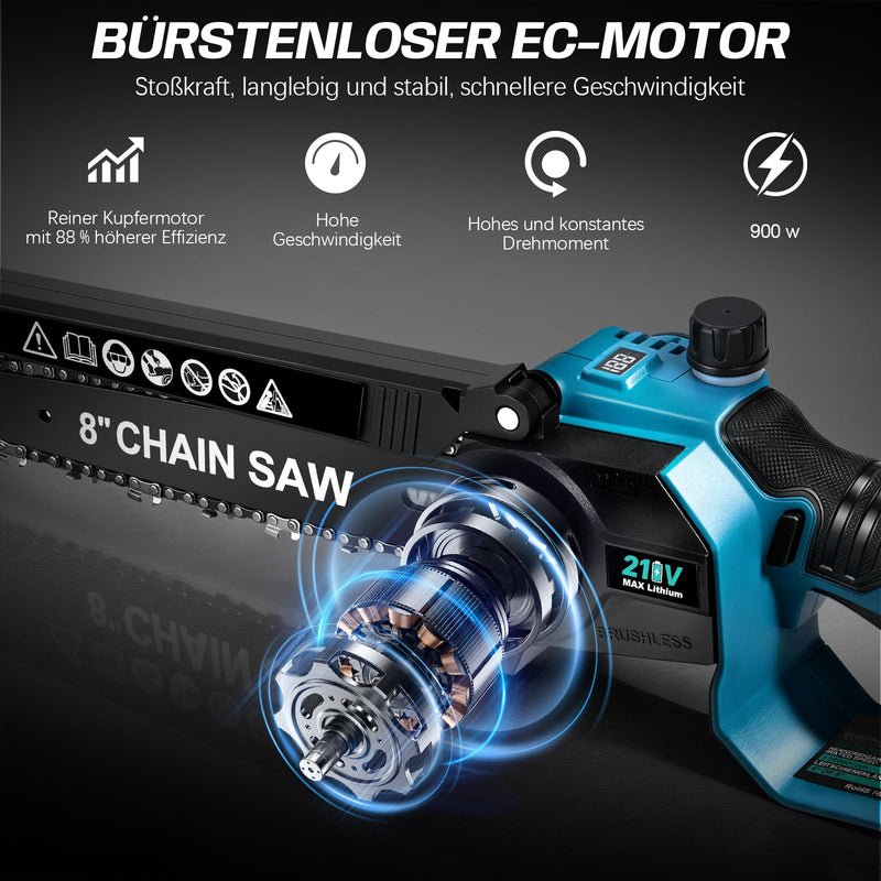 XIIW motosierra a batería de 6 + 8 pulgadas, mini motosierra sin escobillas de 900 W, 2×2,0 Ah baterías, sistema de aceite, 4 cadenas, tensión de cadena sin herramientas, maletín