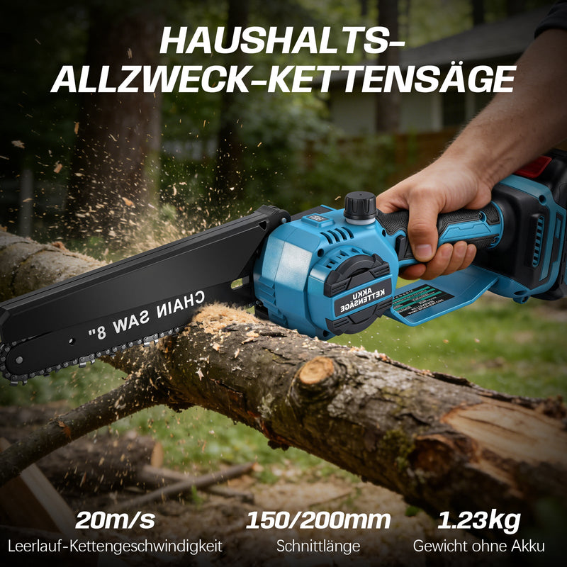 XIIW motosierra a batería de 6 + 8 pulgadas, mini motosierra sin escobillas de 900 W, 2×2,0 Ah baterías, sistema de aceite, 4 cadenas, tensión de cadena sin herramientas, maletín