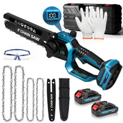 XIIW motosierra a batería de 6 + 8 pulgadas, mini motosierra sin escobillas de 900 W, 2×2,0 Ah baterías, sistema de aceite, 4 cadenas, tensión de cadena sin herramientas, maletín