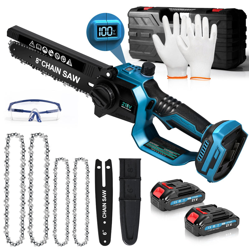 XIIW motosierra a batería de 6 + 8 pulgadas, mini motosierra sin escobillas de 900 W, 2×2,0 Ah baterías, sistema de aceite, 4 cadenas, tensión de cadena sin herramientas, maletín
