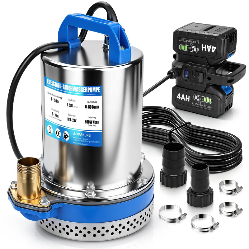 XIIW pompe à eau claire sans fil 300W avec 2×4Ah batteries – pompe submersible en acier inoxydable, 80 l/min, 16 m, IPX8, 1 pouce, pour piscine, étang, cave et cuve de pluie