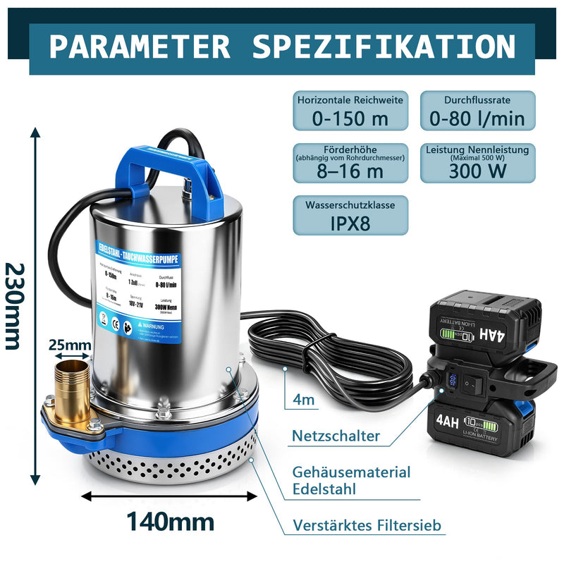 XIIW pompe à eau claire à batterie 300W avec 2×4Ah batteries – pompe submersible en acier inoxydable, 80 l/min, 16 m, IPX8, 1 pouce, pour piscine, bassin, cave et tonneau de pluie