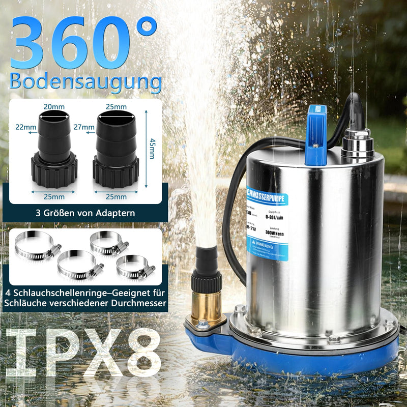 XIIW pompe à eau claire sans fil 300 W avec 2× batteries 4 Ah – pompe submersible en acier inoxydable, 80 l/min, 16 m, IPX8, 1 pouce, pour piscine, bassin, cave et récupérateur d’eau de pluie