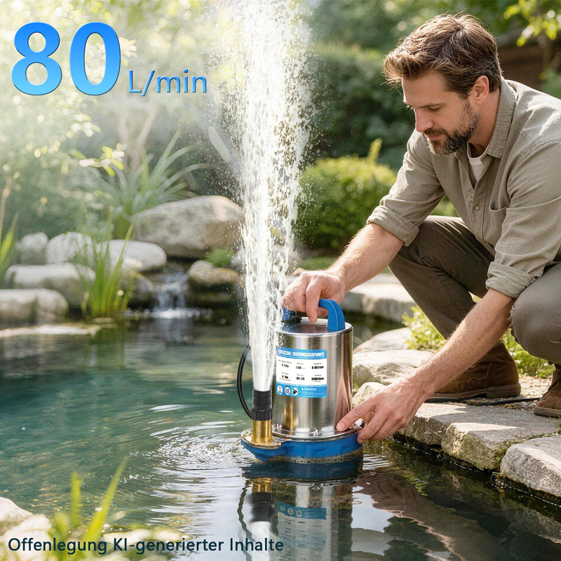 XIIW Pompe à eau claire sans fil 300W avec 2×4Ah batteries – pompe immergée en acier inoxydable, 80 l/min, 16 m, IPX8, 1 pouce, pour piscine, bassin, cave et récupérateur d’eau de pluie