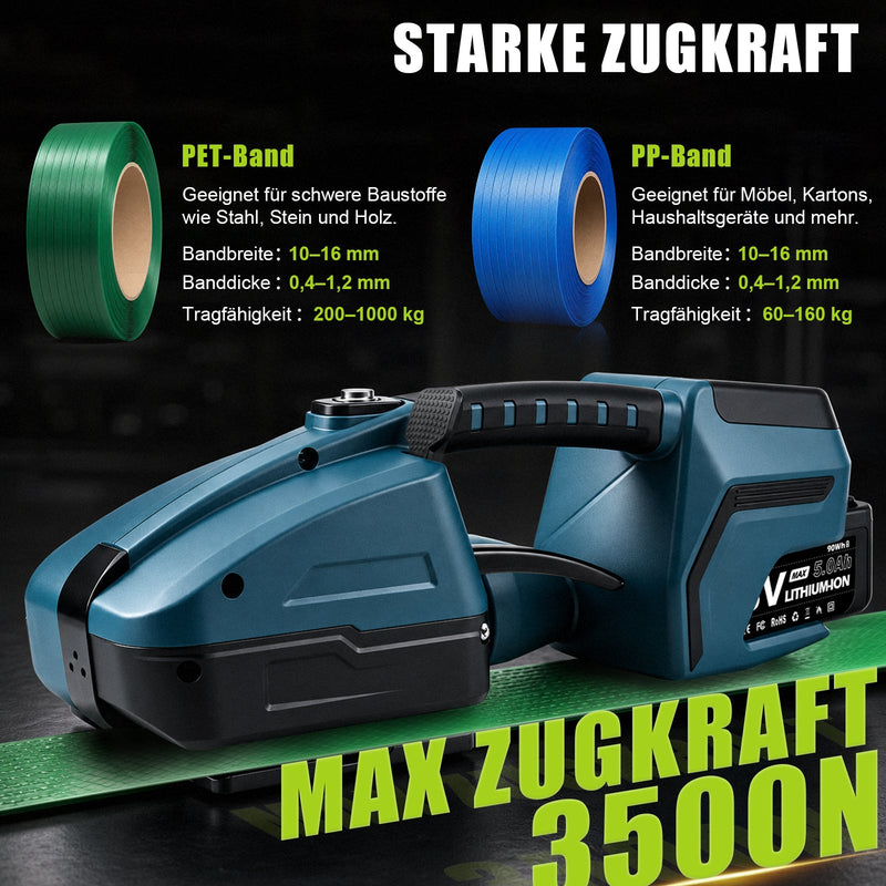 XIIW Cordless Strapping Tool 3500 N, PET/PP 10–16 mm, 2×5000 mAh, Electric Strapping Machine with Digital Display