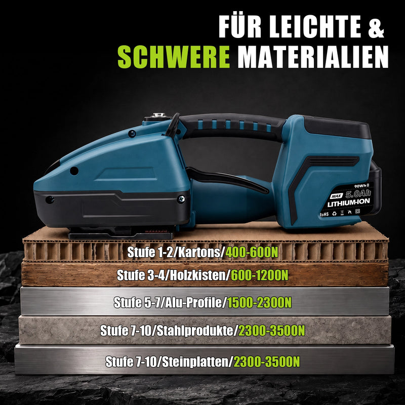 XIIW Cordless Strapping Tool 3500 N, PET/PP 10–16 mm, 2×5000 mAh, Electric Strapping Machine with Digital Display