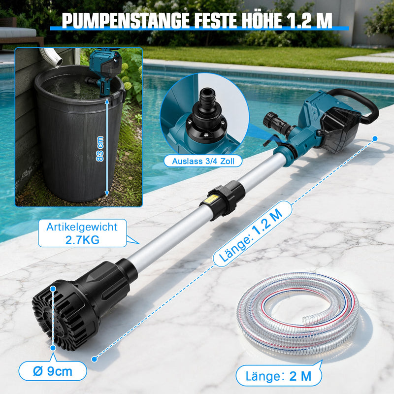 XIIW accu-waterpomp met 2×4Ah accu's, 3600 l/u, 10 m opvoerhoogte, 3/4 inch – transferpomp voor regenton, zwembad, kelder & tuin