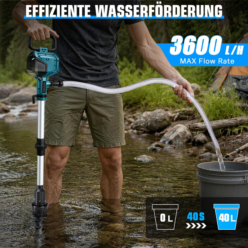 XIIW accu-waterpomp met 2×4Ah accu’s, 3600 l/u, 10 m opvoerhoogte, 3/4 inch – transferpomp voor regenton, zwembad, kelder & tuin