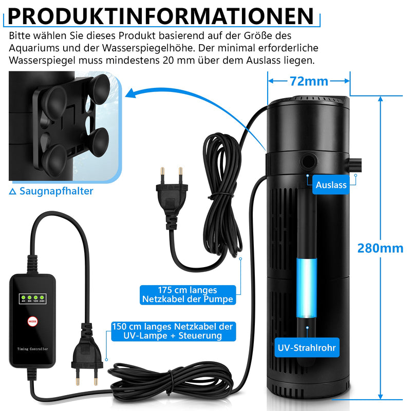 XIIW Aquarium UVC Clarifier Pump 1800L/H, 4-in-1 UV-C internal filter against green & cloudy water, for 300–700L