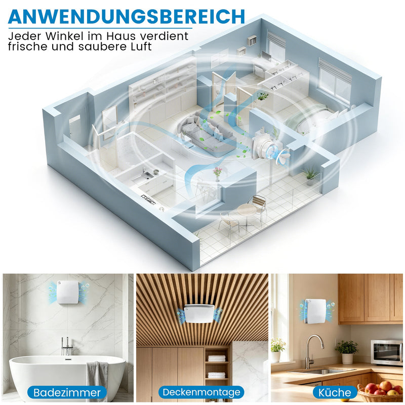 XIIW Badlüfter 100mm mit Feuchtigkeitssensor & Nachlauf | Leiser Abluftventilator für Badezimmer, WC & Küche | Feuchtegesteuerter Lüfter & Rohrlüfter