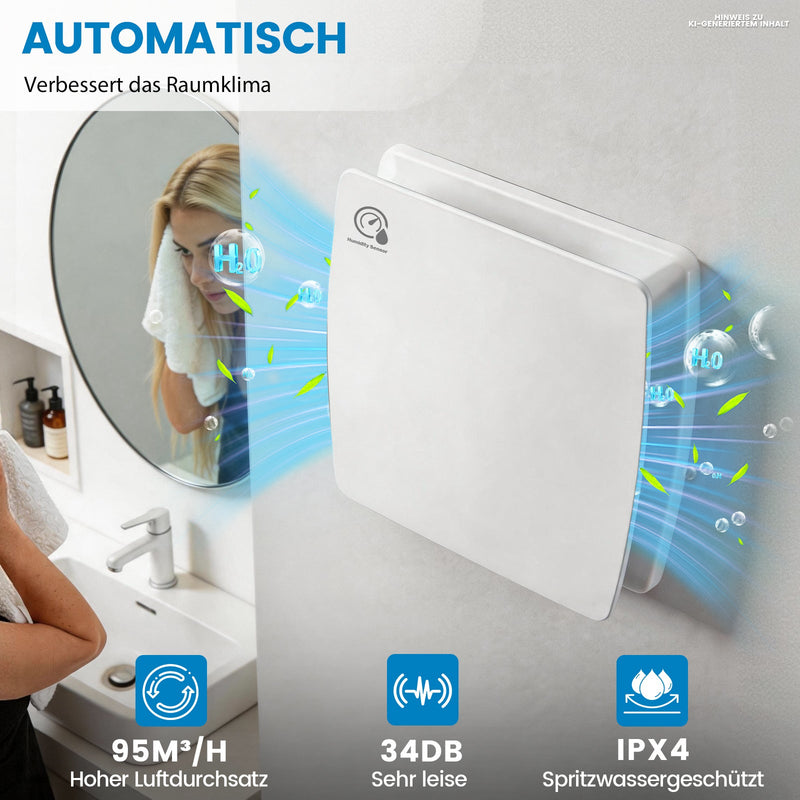 XIIW Badlüfter 100mm mit Feuchtigkeitssensor & Nachlauf | Leiser Abluftventilator für Badezimmer, WC & Küche | Feuchtegesteuerter Lüfter & Rohrlüfter