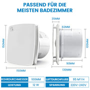 XIIW Badlüfter 100mm mit Feuchtigkeitssensor & Nachlauf | Leiser Abluftventilator für Badezimmer, WC & Küche | Feuchtegesteuerter Lüfter & Rohrlüfter