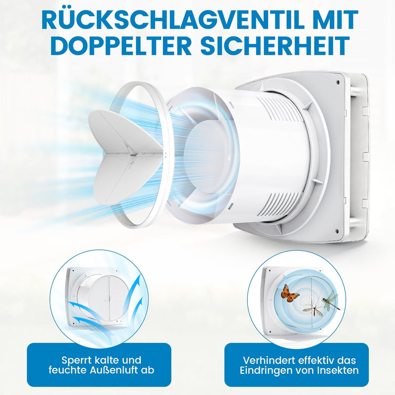 XIIW Badlüfter 100mm mit Feuchtigkeitssensor & Nachlauf | Leiser Abluftventilator für Badezimmer, WC & Küche | Feuchtegesteuerter Lüfter & Rohrlüfter
