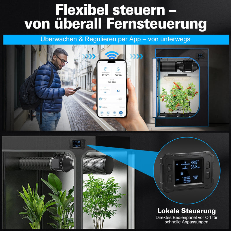 XIIW EC Rohrventilator 100 mm, 360 m³/h 35W Inline Rohrlüfter mit WLAN, Temperatur- & Feuchtigkeitssensor, Timer